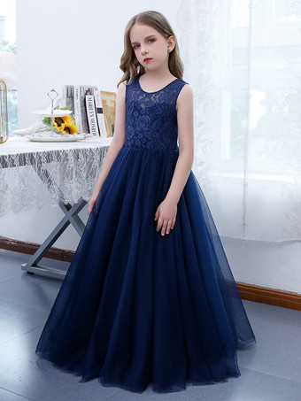 フラワーガールドレスレースレースジュエルネックノースリーブダークネイビー
