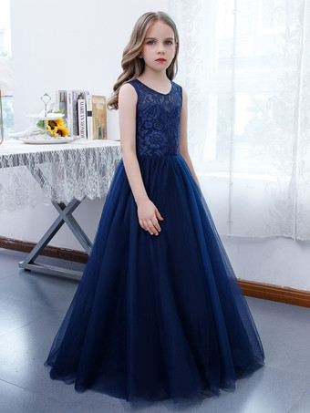 フラワーガールドレスレースレースジュエルネックノースリーブダークネイビー