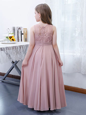 フラワーガールドレスシフォンレースジュエルネックノースリーブロータスピンク