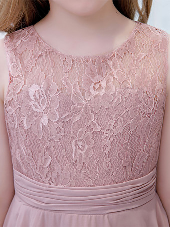 フラワーガールドレスシフォンレースジュエルネックノースリーブロータスピンク