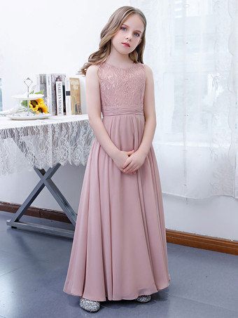 フラワーガールドレスシフォンレースジュエルネックノースリーブロータスピンク