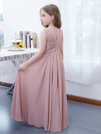 フラワーガールドレスシフォンプリーツVネックノースリーブロータスピンク