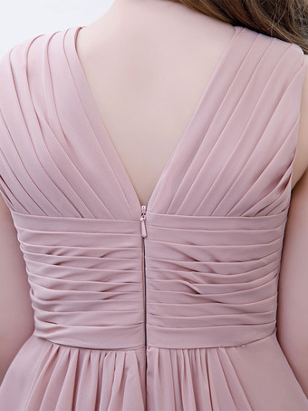 フラワーガールドレスシフォンプリーツVネックノースリーブロータスピンク