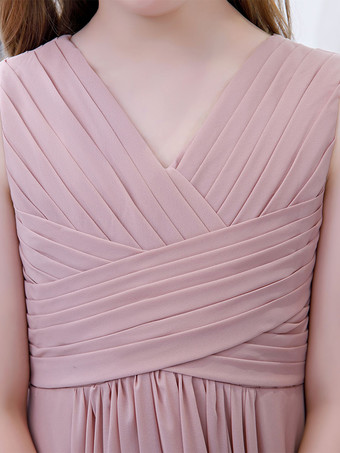 フラワーガールドレスシフォンプリーツVネックノースリーブロータスピンク