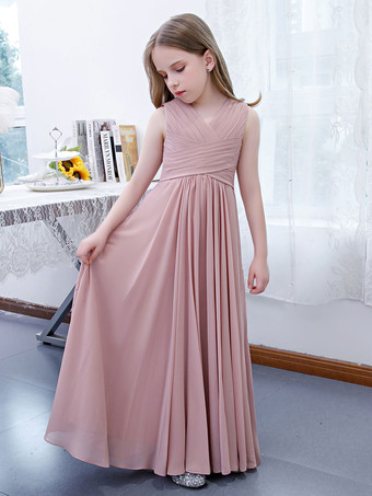 フラワーガールドレスシフォンプリーツVネックノースリーブロータスピンク