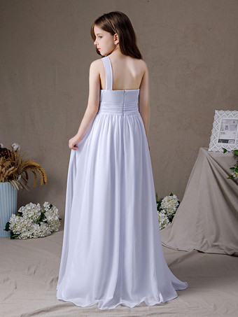 フラワーガールドレスシフォンプリーツワンショルダーノースリーブホワイト