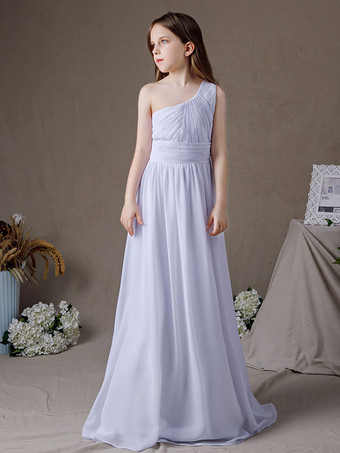 フラワーガールドレスシフォンプリーツワンショルダーノースリーブホワイト