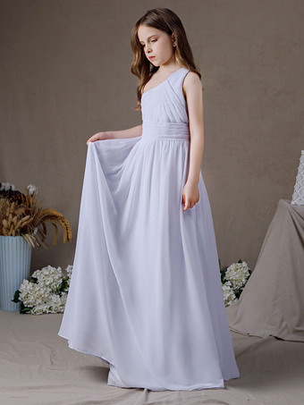 フラワーガールドレスシフォンプリーツワンショルダーノースリーブホワイト