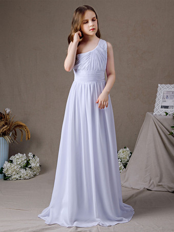 フラワーガールドレスシフォンプリーツワンショルダーノースリーブホワイト