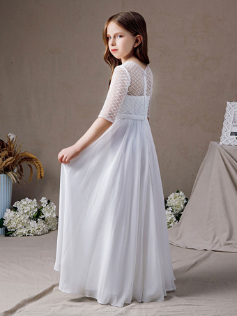 フラワーガールドレスレースレースジュエルネックハーフスリーブアイボリー
