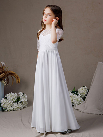 ホワイトフラワーガールドレスレースレースジュエルネックハーフスリーブアイボリー