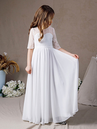 フラワーガールドレスレースレースジュエルネックハーフスリーブアイボリー