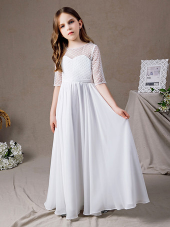 フラワーガールドレスレースレースジュエルネックハーフスリーブアイボリー