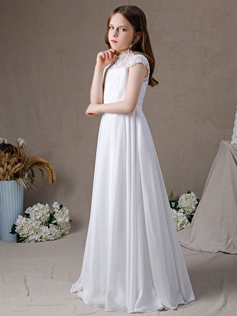 フラワーガールドレスレースレースジュエルネック半袖アイボリー