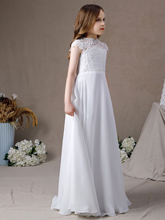 フラワーガールドレスレースレースジュエルネック半袖アイボリー