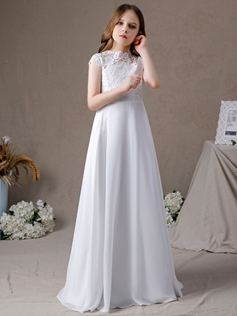 フラワーガールドレスレースレースジュエルネック半袖アイボリー