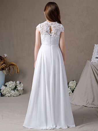 フラワーガールドレスレースレースジュエルネック半袖アイボリー