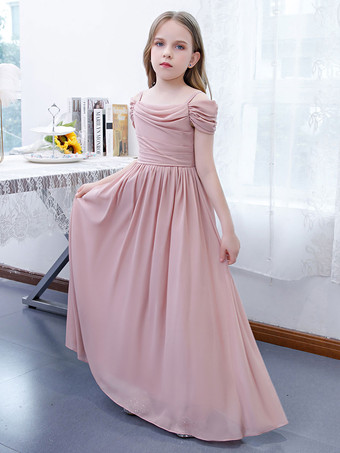 フラワーガールドレスシフォンプリーツオフショルダー半袖ロータスピンク