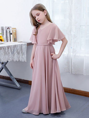 Robe Fille Fleur Mousseline Volants Col V Manches Courtes Rose Lotus