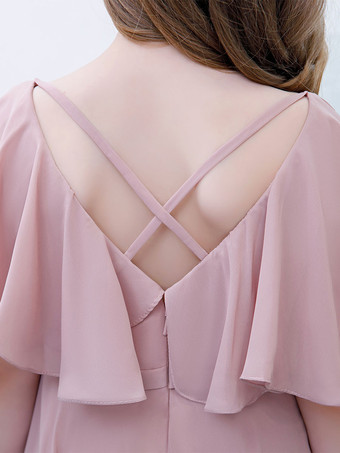 Robe Fille Fleur Mousseline Volants Col V Manches Courtes Rose Lotus