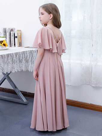 Robe Fille Fleur Mousseline Volants Col V Manches Courtes Rose Lotus