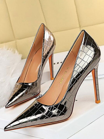 グレイ女性用ハイヒールスチレットヒールPUレザーパンプス