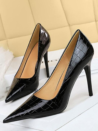 ブラック 女性用ハイヒールスチレットヒールPUレザーパンプス