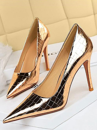 シャンパンカラー女性用ハイヒールスチレットヒールPUレザーパンプス