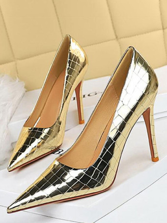 ゴールド 女性用ハイヒールスチレットヒールPUレザーパンプス