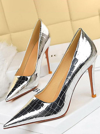 シルバー 女性用ハイヒールスチレットヒールPUレザーパンプス