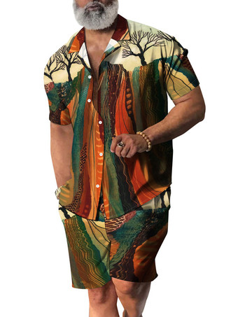 レッド メンズ2ピースプリント半袖ターンダウンカラーライトスカイブルー