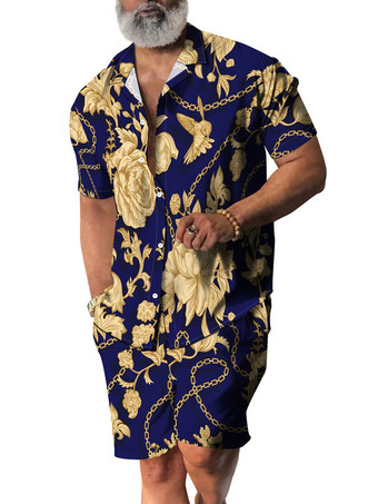 ディープブルーメンズ2ピースプリント半袖ターンダウンカラーライトスカイブルー