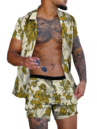 カーキ メンズ2ピースプリント半袖ターンダウンカラーライトスカイブルー