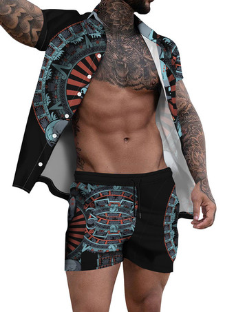 ブルー メンズ2ピースプリント半袖ターンダウンカラーグリーン