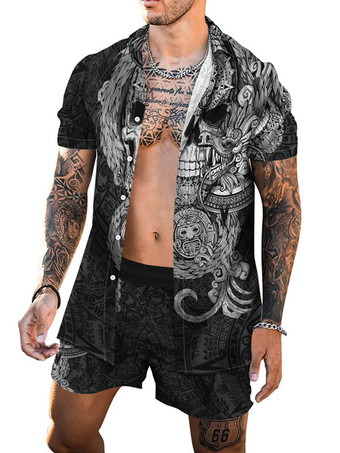 グレイメンズ2ピースプリント半袖ターンダウンカラーグリーン