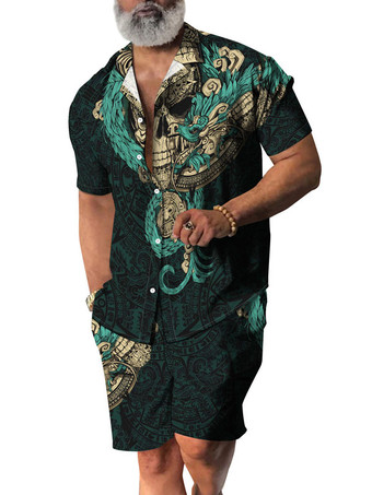 イエローメンズ2ピースプリント半袖ターンダウンカラーグリーン