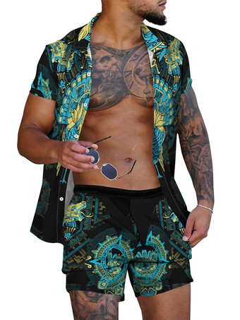 ライトグリーン メンズ2ピースプリント半袖ターンダウンカラーグリーン