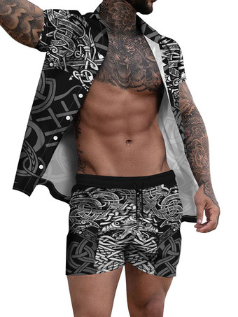 Black Men's 2-Piece Printed Short Sleeves Turndown Collar Yellow