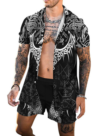 GrayMen's 2-Piece Printed Short Sleeves Turndown Collar Yellow