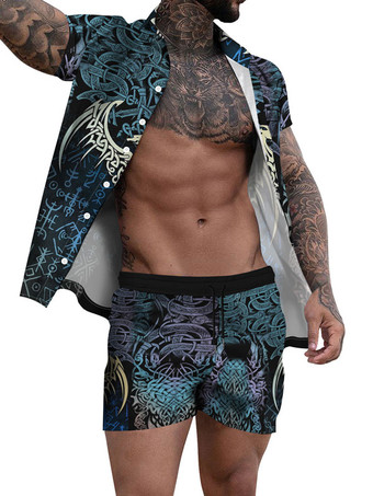 Blue Men's 2-Piece Printed Short Sleeves Turndown Collar Yellow