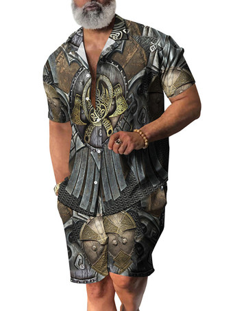 Blue GrayMen's 2-Piece Printed Short Sleeves Turndown Collar Yellow