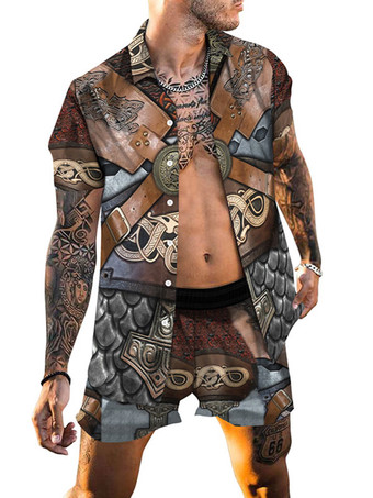 Khaki Men's 2-Piece Printed Short Sleeves Turndown Collar Yellow