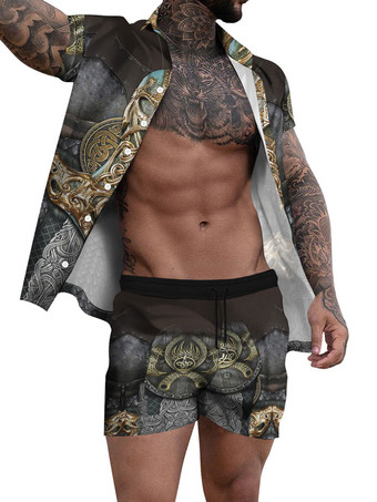 Light Sky BlueMen's 2-Piece Printed Short Sleeves Turndown Collar Yellow