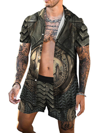 YellowMen's 2-Piece Printed Short Sleeves Turndown Collar Yellow