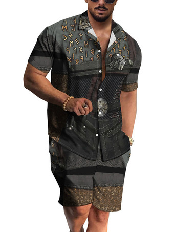 スレートグレー メンズ2ピースプリント半袖ターンダウンカラーブラック