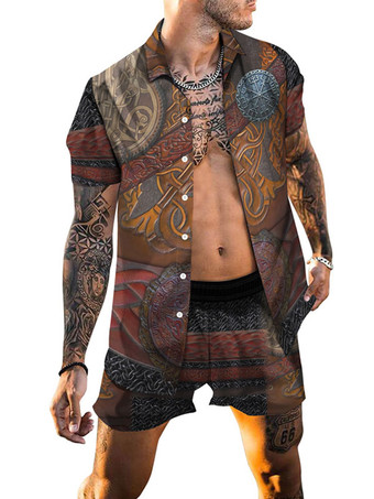 レッド メンズ2ピースプリント半袖ターンダウンカラーブラック