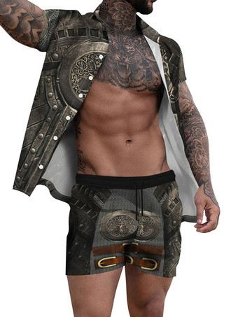 グレイメンズ2ピースプリント半袖ターンダウンカラーブラック