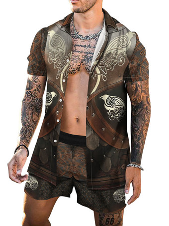 ライトブラウンメンズ2ピースプリント半袖ターンダウンカラーブラック