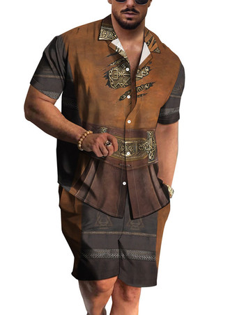 ブラウン メンズ2ピースプリント半袖ターンダウンカラーブラック