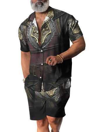 イエローメンズ2ピースプリント半袖ターンダウンカラーブラック